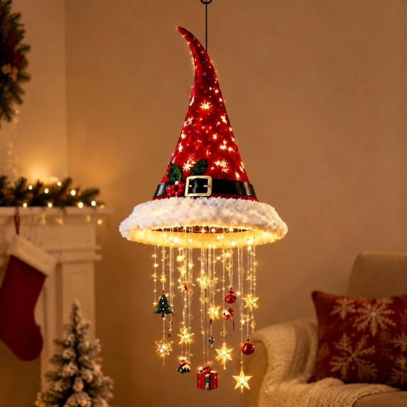 Santa Hat Chandelier Red-White Christmas Hanging Decoration, Tiered Santa Hat Figure Set for Holiday Parties and Indoor Home Displays