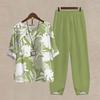 2 Pcs/Set Women Top Pants Set Retro Leaf Print Wide Leg Elastic Waist