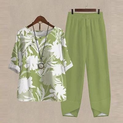 2 Stück/Set Damen Top Hosen Set Retro Blattdruck Weites Bein Elastischer Bund