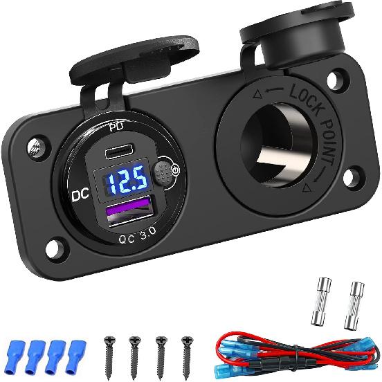 

Cigarette Lighter Socket 12 Volt USB Outlet: PD 20W C and QC3.0 Car Port Aluminum Metal 12V Plug, 150W Charger Panel with Power Switch LED Voltmeter 2 in 1 - voltmeter