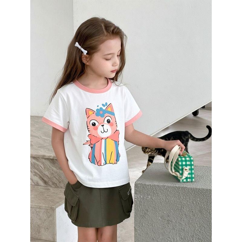 Korean Style Kidsren's Clothing Summer New Style 2026 Kidsren's Pure Cotton Short-Sleeved T-Shirt Cartoon Round Neck Pullover Girls' Clothes