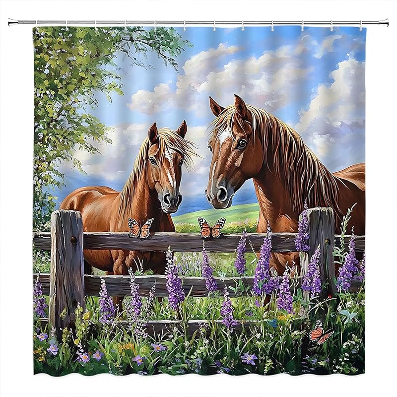 

Шторка для душа с лошадьми Западные сельскохозяйственные животные Семейство лошадей Рустикальный Лавандовый цветок Дерево Природа Фермерский дом Деревенский пейзаж Полиэстеровые шторы Декор для ванной комнаты 70 Wx70 H