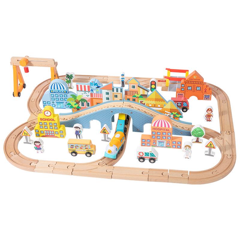 Wooden Electric Train Track Set for Kids with Magnetic City Traffic Building Blocks