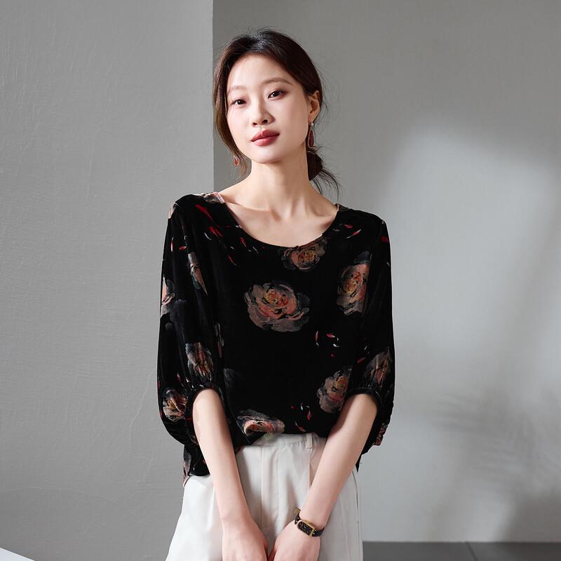 SOFSIL Women s Retro Print Lantern Sleeve Silk Shirt XL