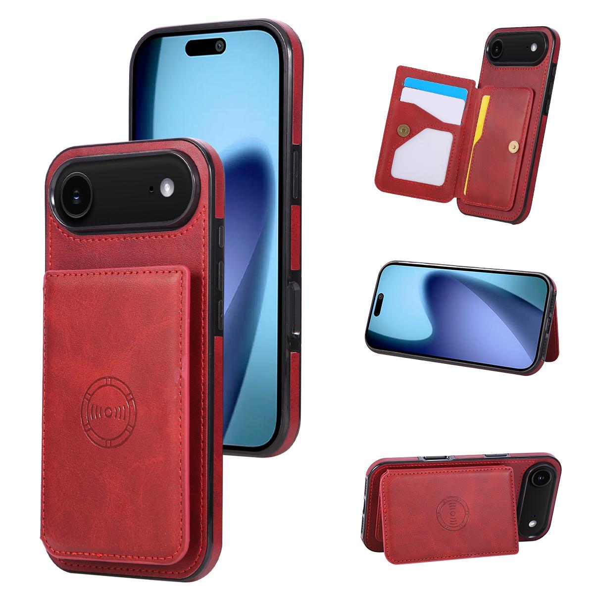 

For iPhone 17 Air Case Card Holder Kickstand PU Leather+TPU Phone Cover Red