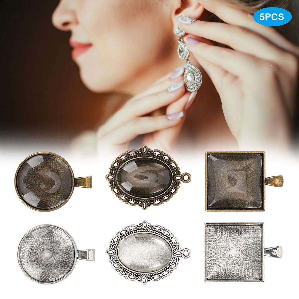 60pcs Metal Round Oval Pendant Base Tray Glass Domes Sheet Jewelry DIY Tool Accessory