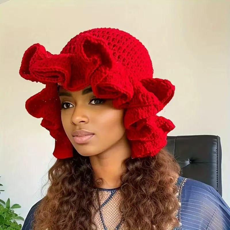 Colorful Crochet Ruffle Bucket Hat Warm Stretch Knit Hat  Year Celebration Women's Fashion Handmade Beanie Hat Tool Tentacle