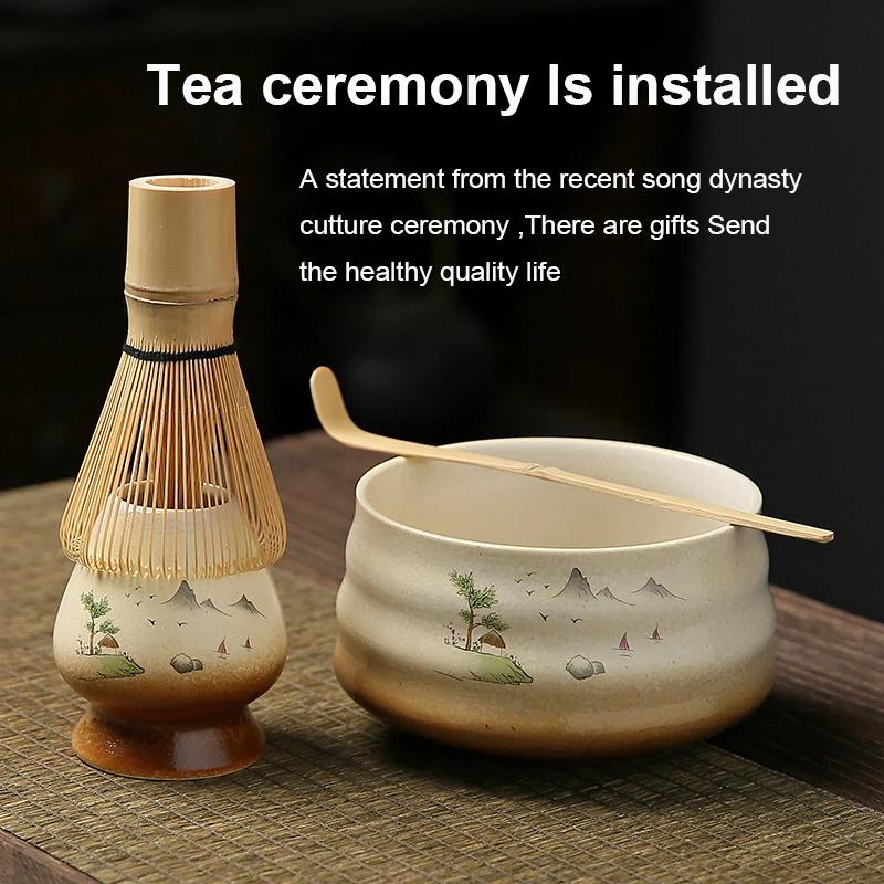 4PCS Japanese Matcha Tea Set Bamboo Whisk Scoop Ceramic Matcha Bowl Traditional Indoor Handmade Tea-making Tools Birthday Gift