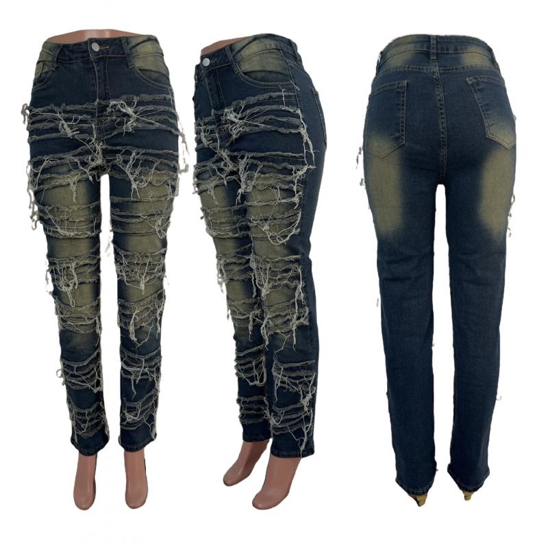 2026 New Street Fashion Distressed Stretch Patchwork Jeans for Women Casual Slim-Fit Pants