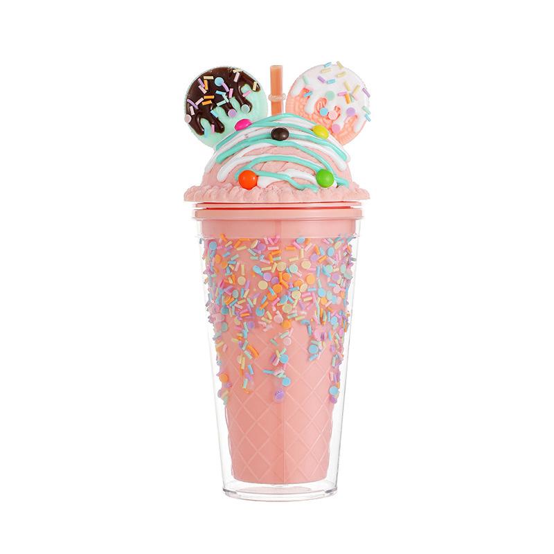 450ml Cute Straw Cup,Ice Cream Lids for Stanley Tumbler,Reusable Plastic Cups,Summer Drinkware Cold Brew,Girl Water Bottle Gift