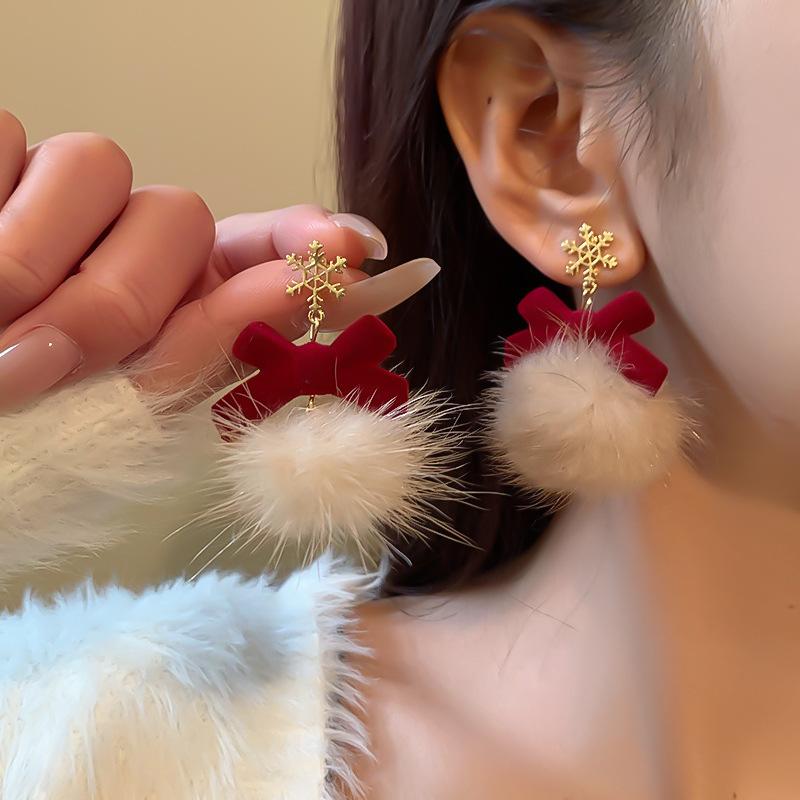 Snowflake Red Bow Hairball Earrings Creative Versatile Earrings Autumn and Winter Earrings