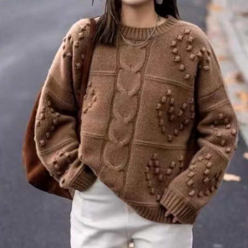 Herbst und Winter Rundhals Damen Strickpullover Rot Vielseitiger Lässiger Stil Dicker Pullover für Damen