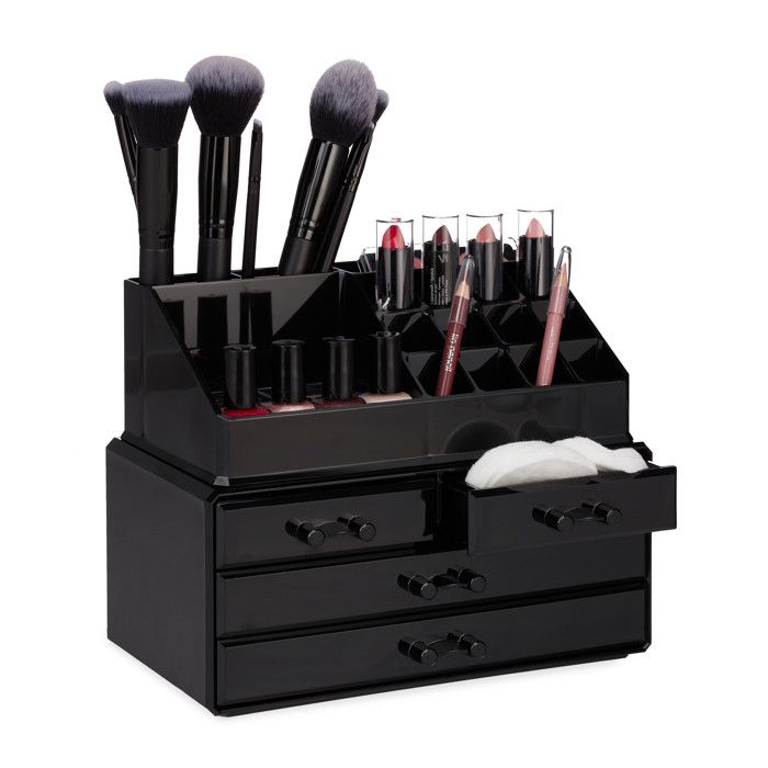 Relaxdays Organisateur cosmétiques 2 parties boîte rangement maquillage Make up 12 porte-crayons, noir