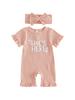 Toddler Girl 2-Piece Summer Set Short Sleeve Round Neck Floral Embroidery Romper with Matching Headband - Adorable Outfit for