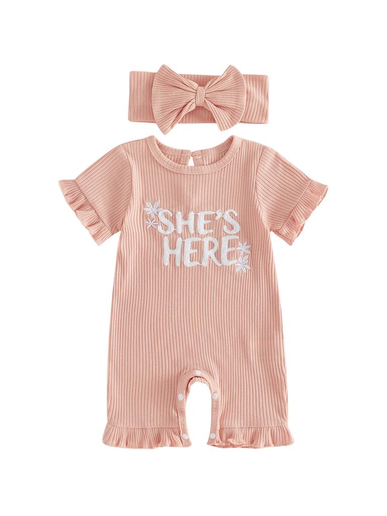 Toddler Girl 2-Piece Summer Set Short Sleeve Round Neck Floral Embroidery Romper with Matching Headband - Adorable Outfit for