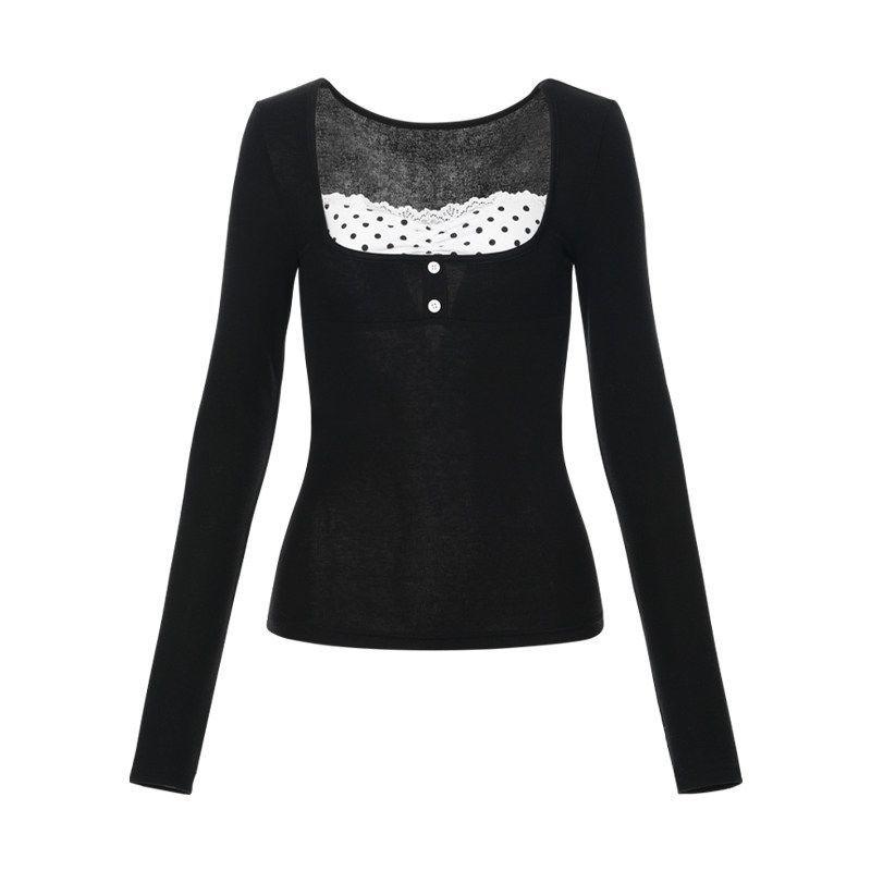 260g Cotton Modal Polka Dot Lace Patchwork Two-Piece Style Slimming Top