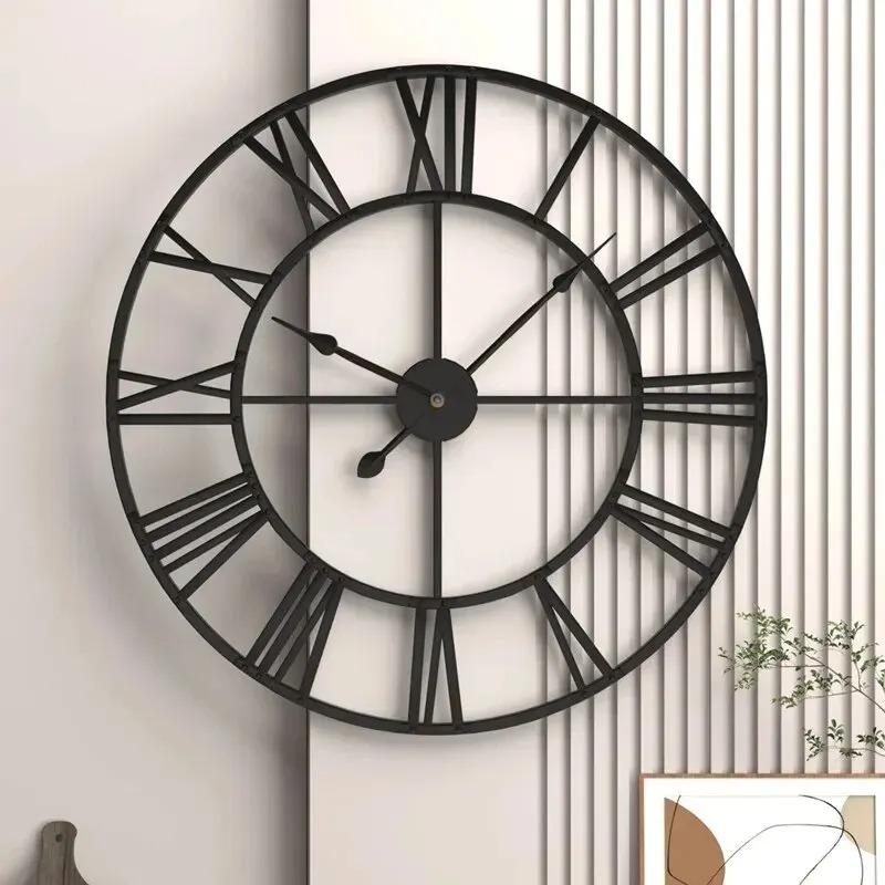 40CM 3D Large Wall Clocks Roman Numerals Retro Round Metal Iron Accurate Silent Nordic Hanging Ornament Living Room Decoration.