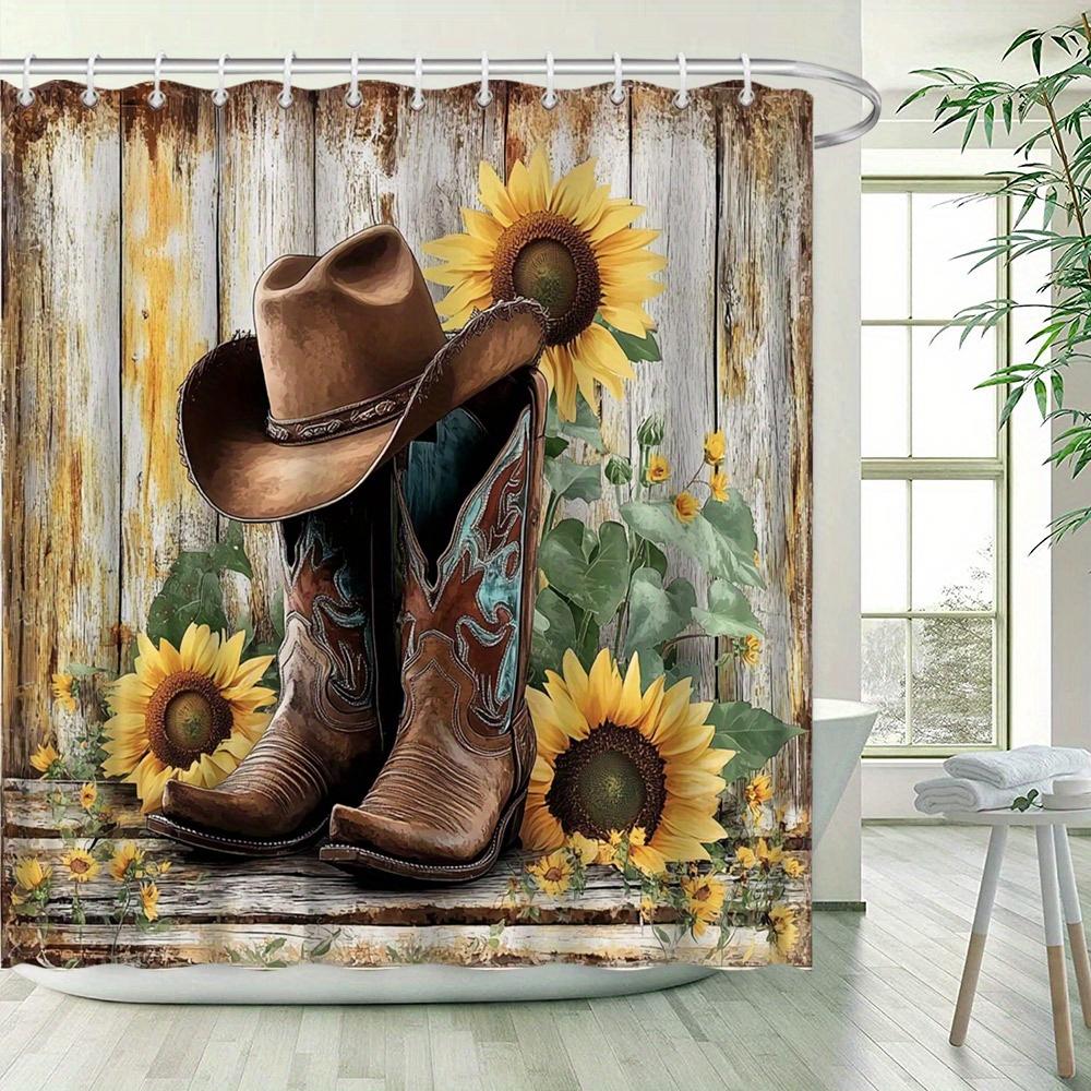 Western Rustic Cowboy Boots & Sunflowers Shower Curtain - Realistic Digital Art, Water-Resistant Polyester