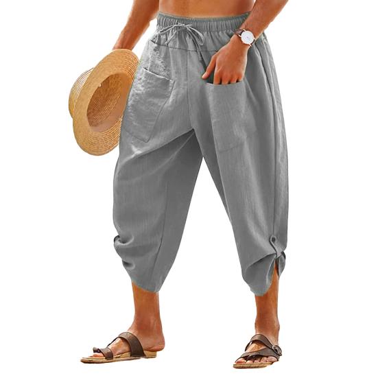 Men Cropped Pants Elastic Waist Solid Color Drawstring Soft Breathable Casual Patch Pockets Mid-calf Length Beach Trousers
