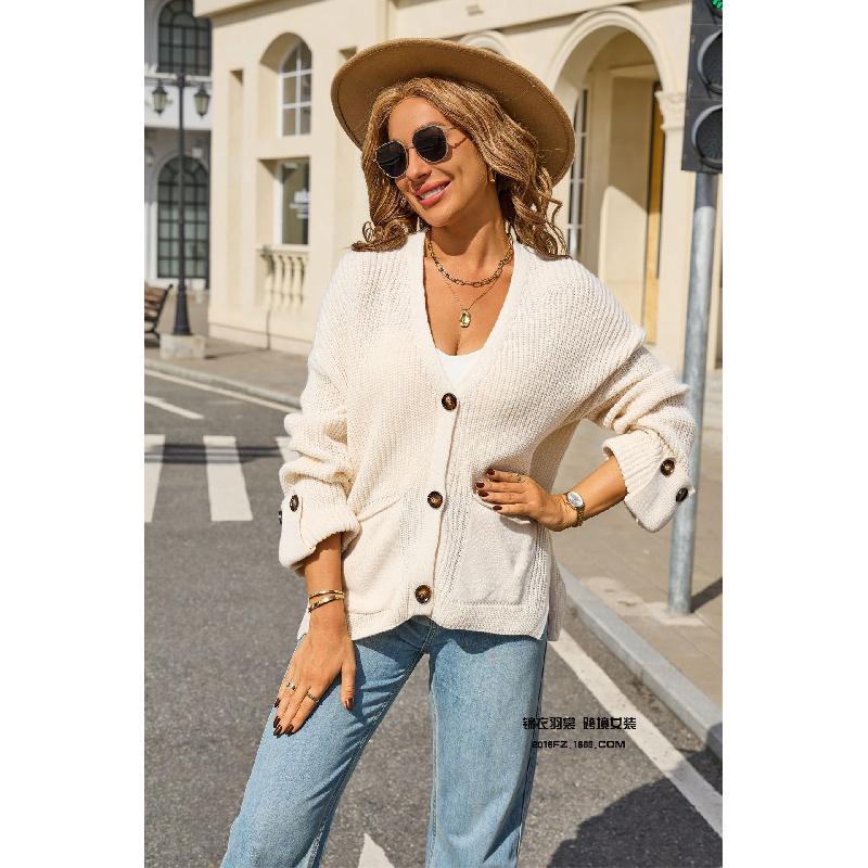 2026 Neue modische V-Ausschnitt Strickjacke Lockerer Pullover Langarm Tasche Oberteil