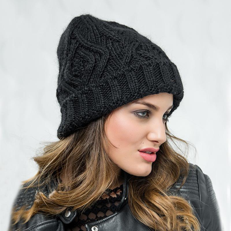 Women's Autumn Winter Wool Hat Diamond Plaid Soft Coarse Knitted Cap EMA