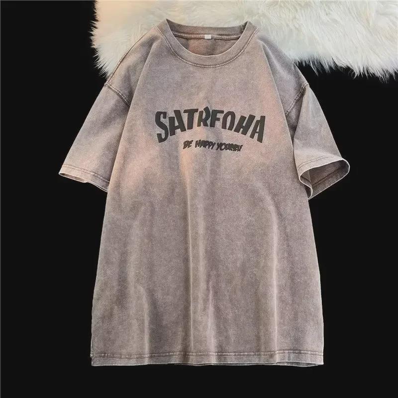 Herren-T-Shirt aus gewaschener amerikanischer Retro-Baumwolle mit kurzen Ärmeln und Rundhalsausschnitt