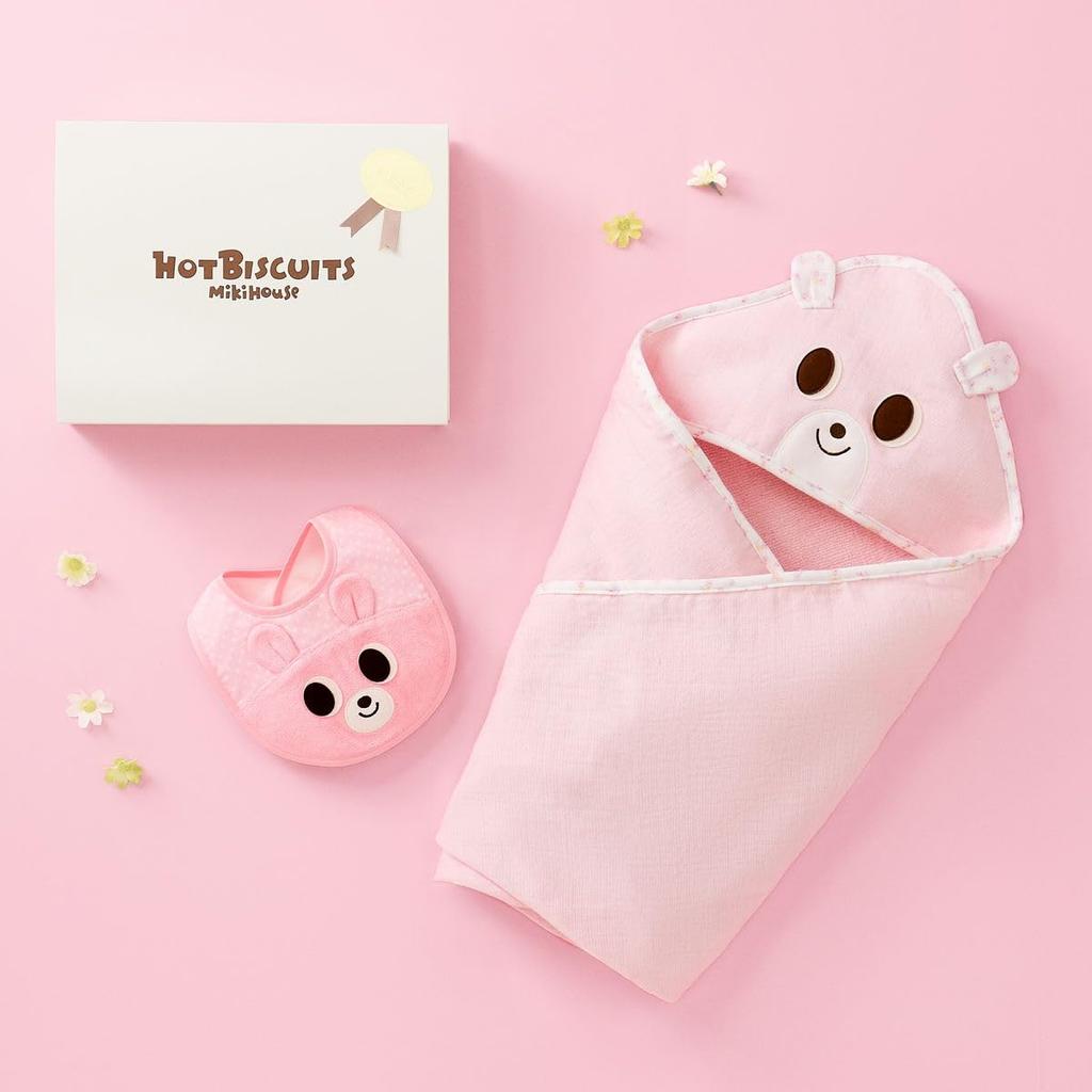 MIKIHOUSE HOT BISCUITS Baby Bath Towel and Bib Gift Set with Box Boys Girls Newborn Baby Shower Present Pink One Size 74-9930-499