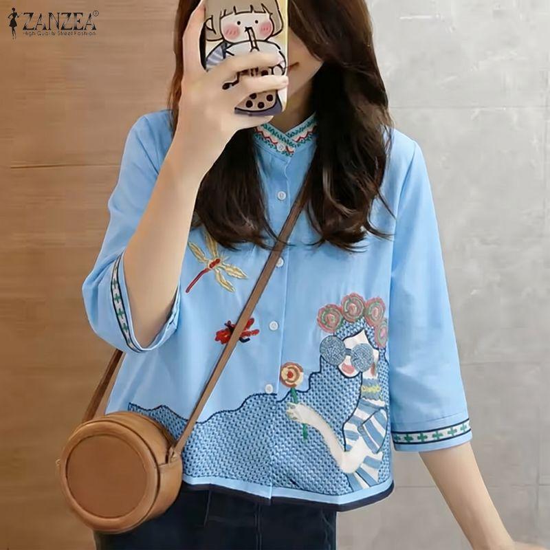 ZANZEA Women Stand Collar Loose Summer Casual Half Sleeve Print Blouse