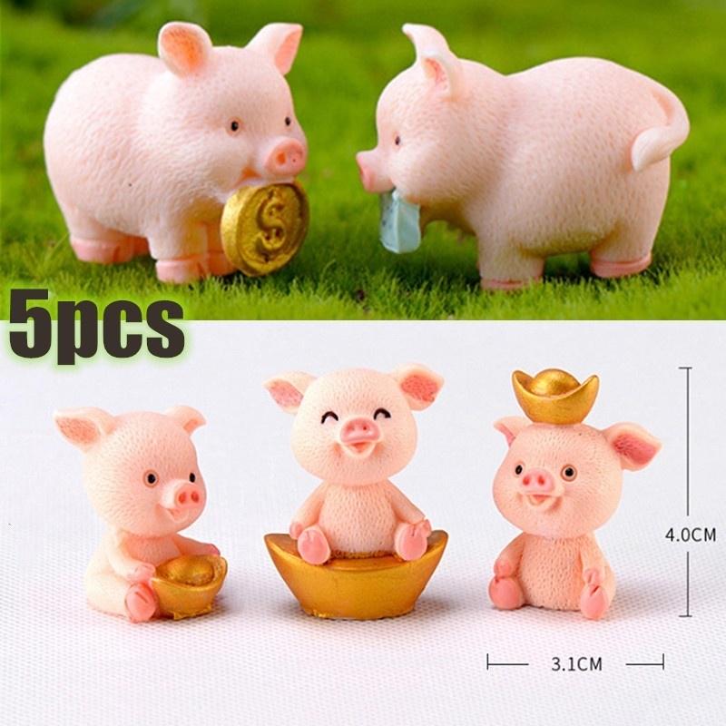 5 PCS Micro Pig Family Figurine Resin Ornaments Miniature Model Mini Animal Statue Bonsai Decoration Garden Home Decorative