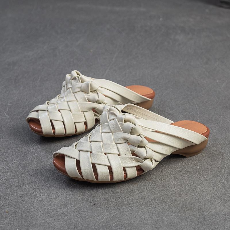 Fashion GKTINOO 2025 New Retro Hand Woven Peep Toe Outdoor Slippers Summer Breathable And Versatile Genuine Leather Women's Shoes