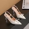 2026 Pointed Toe Slim Heel Strappy Bow Studded Buckle Strap Wrapped Toe Sandals Women's Back Trip Strap Heels