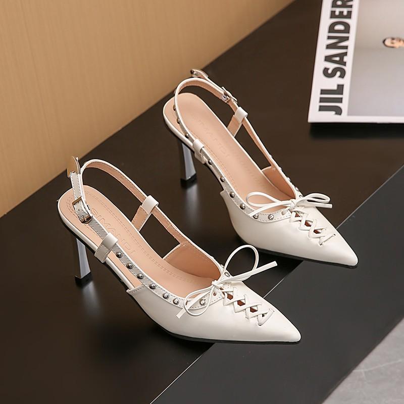 2026 Pointed Toe Slim Heel Strappy Bow Studded Buckle Strap Wrapped Toe Sandals Women's Back Trip Strap Heels