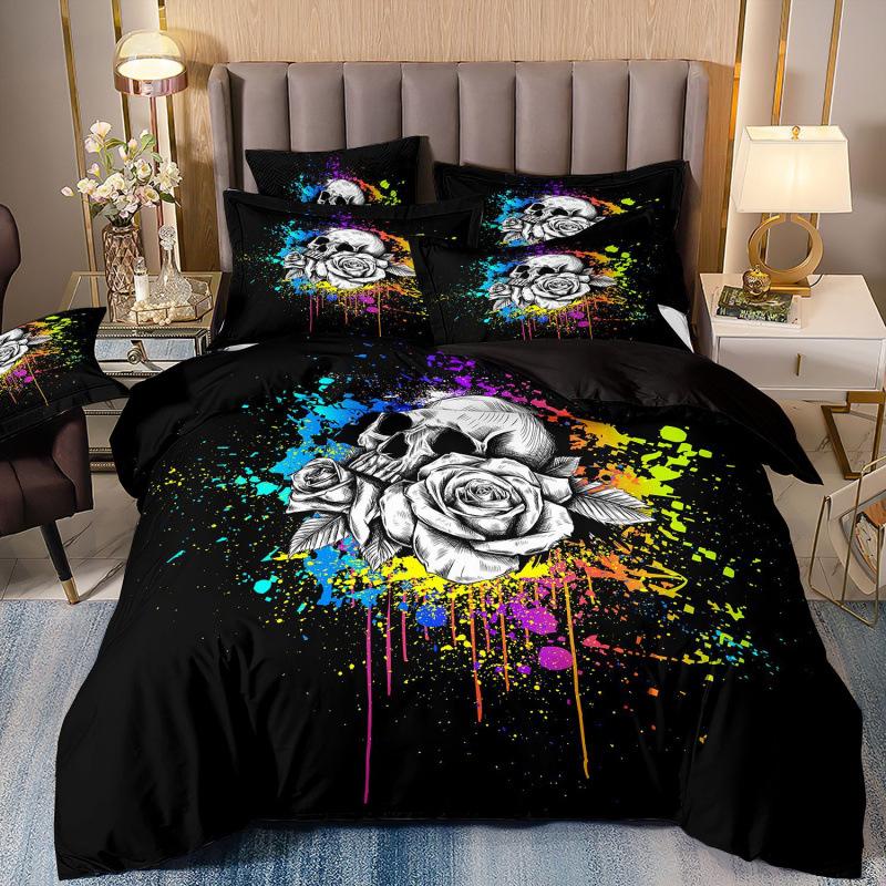 Set de trei piese 3D Textile de casă Lenjerie de pat Schelet Femeie frumoasă Imprimeu Husă de pilotă Cearșaf