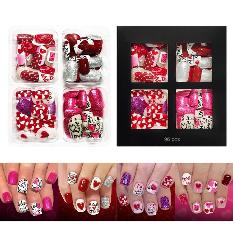 

96Pcs Easy to Apply Artificial Nail with Romantics Red Hearts and Sparkles Polkas Dots for Dating and Parties 1