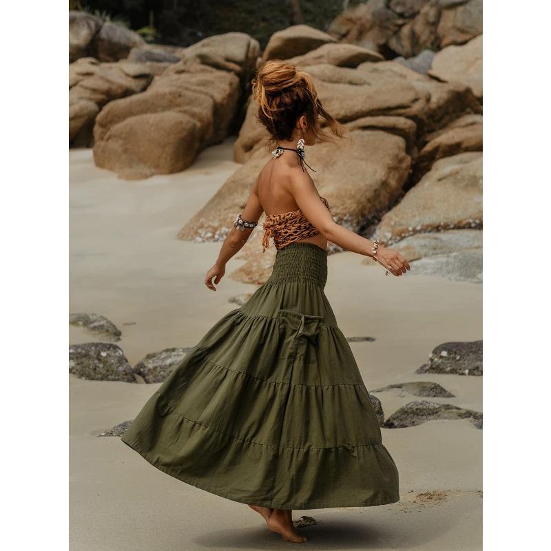 Tiered A Line Skirt Women Forest Fairy Pockets Patchwork Long Dress Elastic Waist Vintage Hippie Gypsy Maxi Skirt