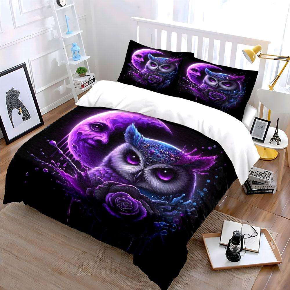 Mystical Owl and Moon Art Bedding Duvet Cover Set (1*Duvet Cover 2*Pillowcases, Without Duvet Insert)