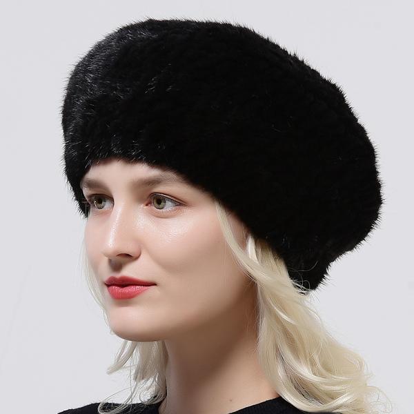 

Женский зимний берет Шапка Вязаная из натурального меха норки Теплая Шапки из натурального меха Женские головные уборы One Size чёрный