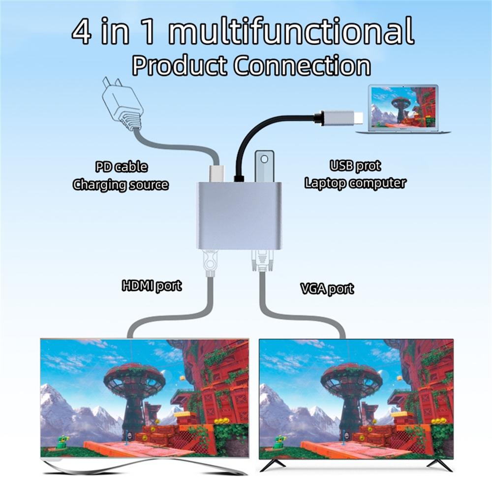 

4 в 1 многофункциональный адаптер Type-C док-станция HDMI VGA PD USB3.0 телефон ноутбук к машине для передачи файлов и зарядки