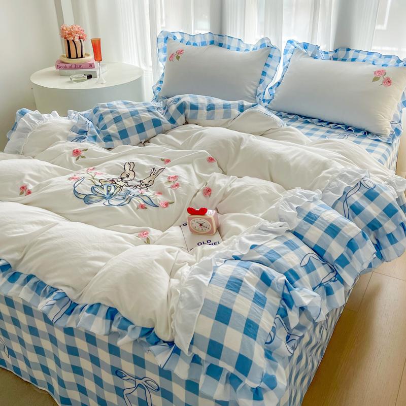 

Peter Garden Rabbit Bedding Set Double Layer Lace Plaid Duvet Cover Set Bed Sheets Set Pillowcase Single Double Queen Size Decor Single150x200 3pcs синий