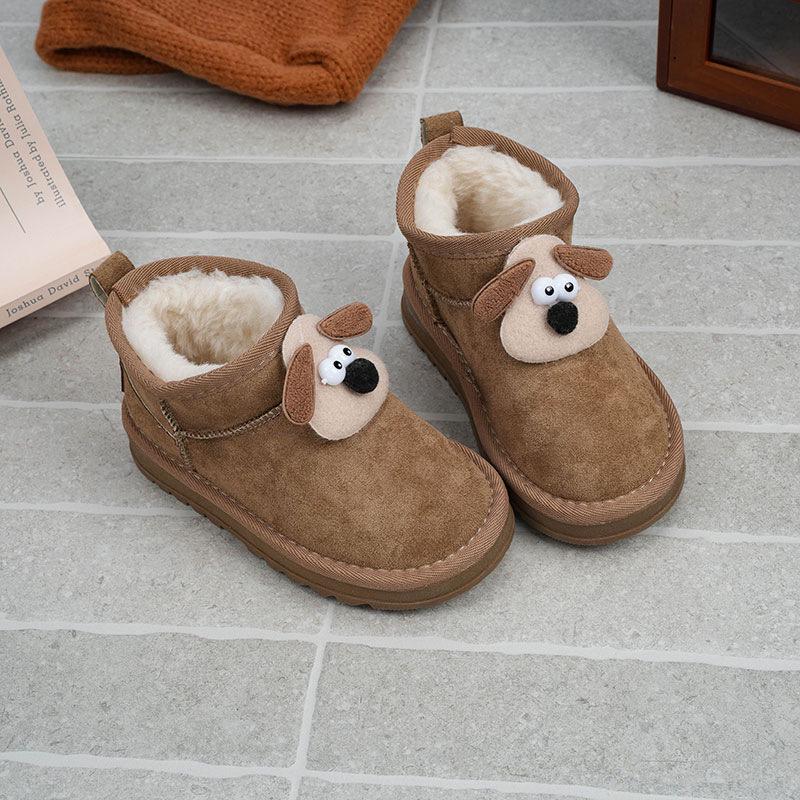 Children's Non-Slip Leather Snow Boots with Plush Lining and Cartoon Doll Decor