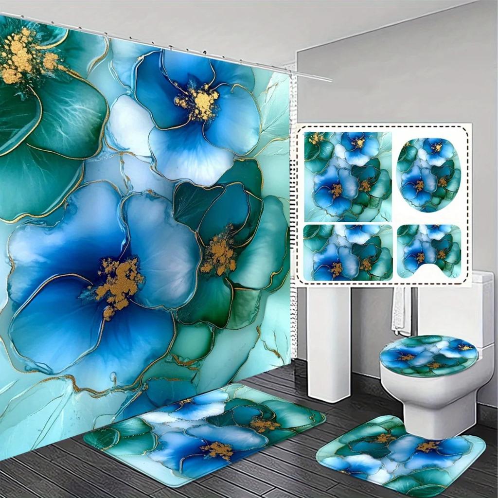 4pcs , High Quality Shower Curtain with Matching Bath Mat Set - Non-Slip Absorbent Rugs for Bathroom Decor Home Decorations