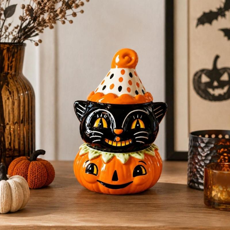 Halloween Tischdekorationen Katzenfiguren mit Kürbisakzent, Glattes Schwarzes Saisonales Regalornament für Kaminsims Eingangsbereich Party-Styling Innenräume