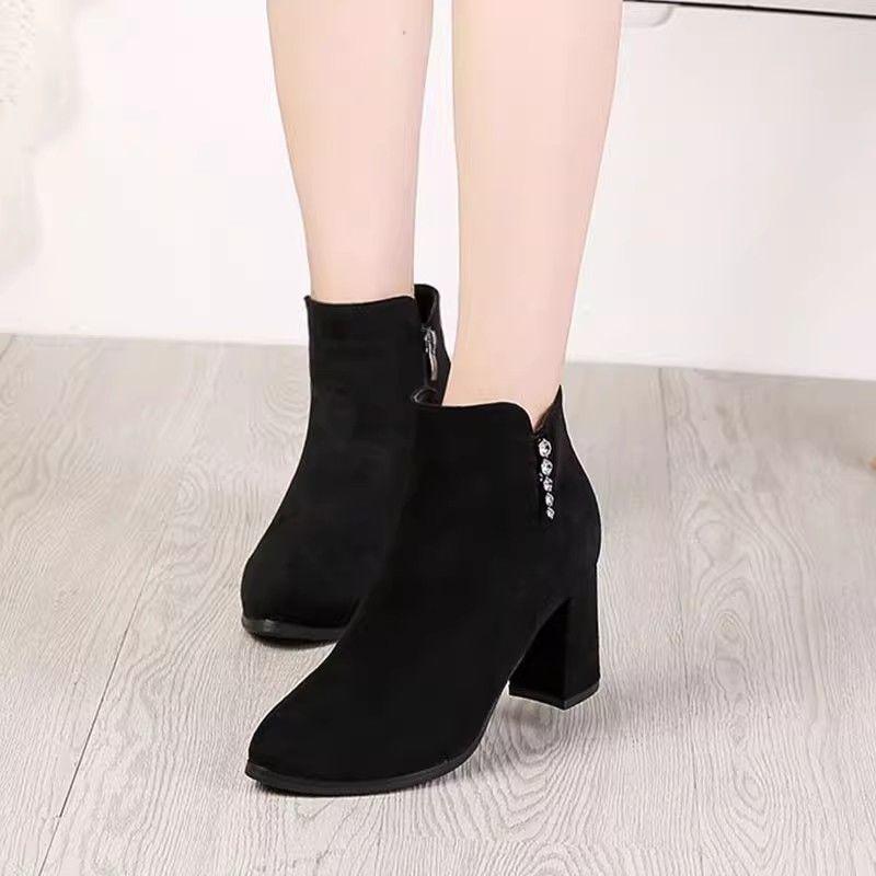 All soft leather medium boots retro medium heel square head thin boots soft leather thick heel short boots Martin boots