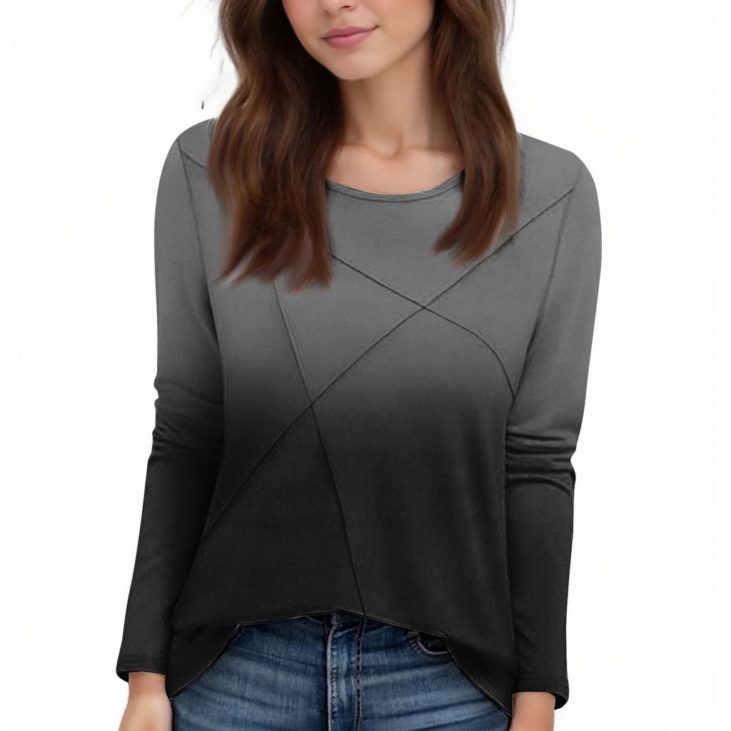 Fashionable Women's Long-sleeved Gradient Round Neck Casual Pleated Loose Top
