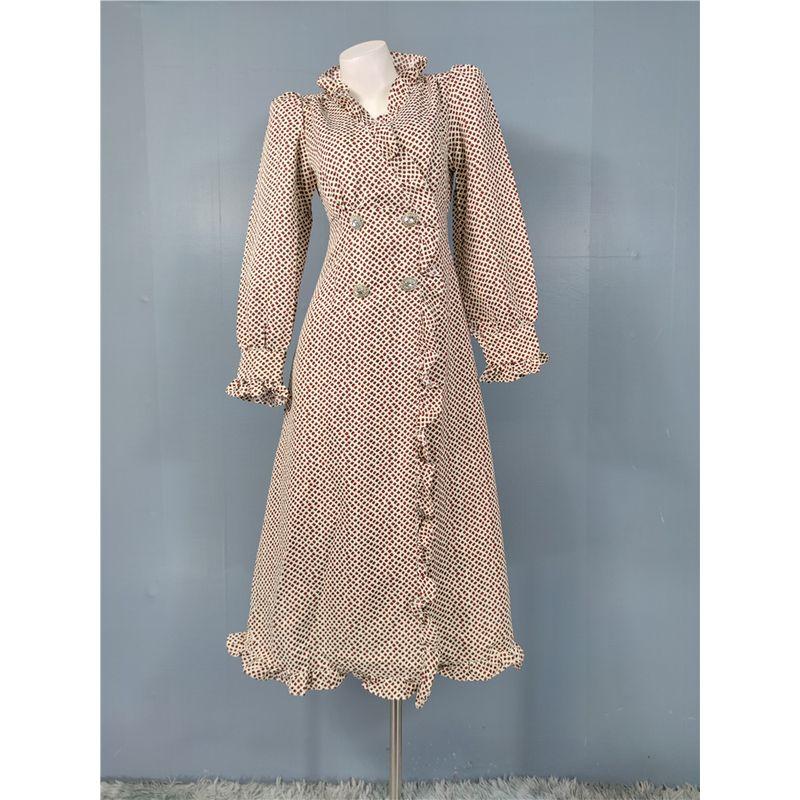 

French style Elegant Beautiful Personality Girly Style Double Breasted Waist Hugging Dress Dress Lace Stand Collar Long sleeve dress Dress Color S