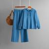 A New Autumn and Winter Knitwear Set Featuring A Hooded, Loose-buttoned Sweater and Wide-leg Pants for Women