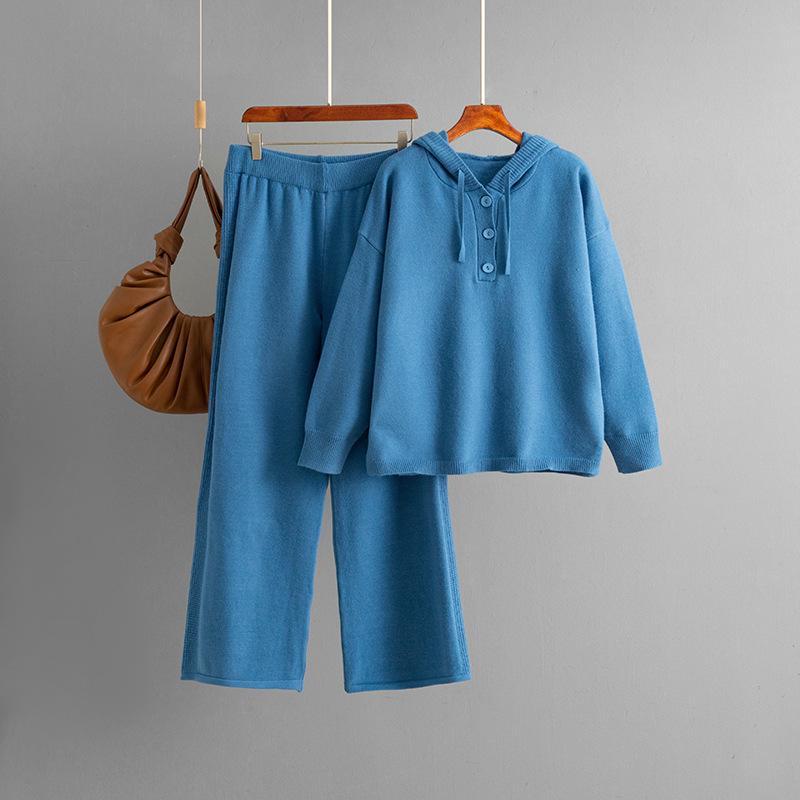 A New Autumn and Winter Knitwear Set Featuring A Hooded, Loose-buttoned Sweater and Wide-leg Pants for Women