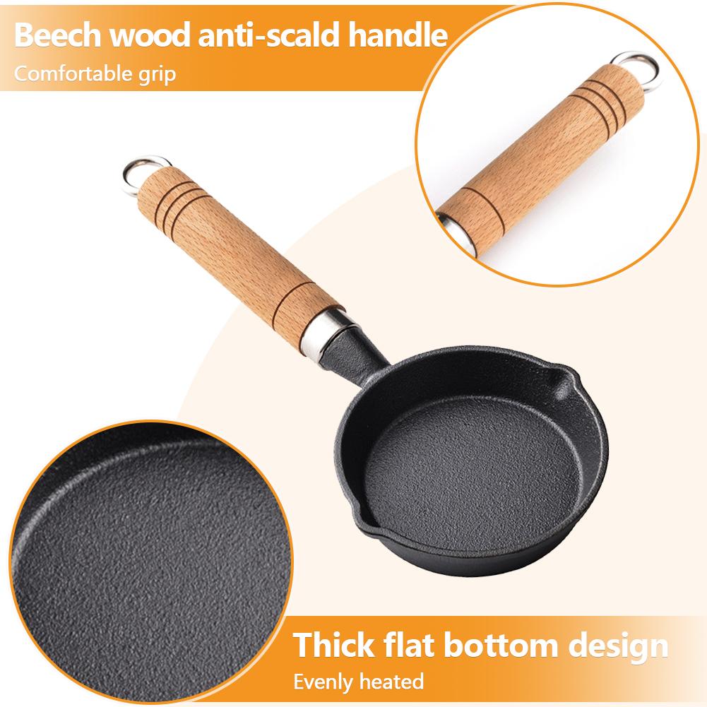 Padella Mini in Ghisa da 10/13/16 Cm con Manico in Legno Padella da Cucina con Doppio Beccuccio Padella per Pancake Antiaderente per Cucina Casa