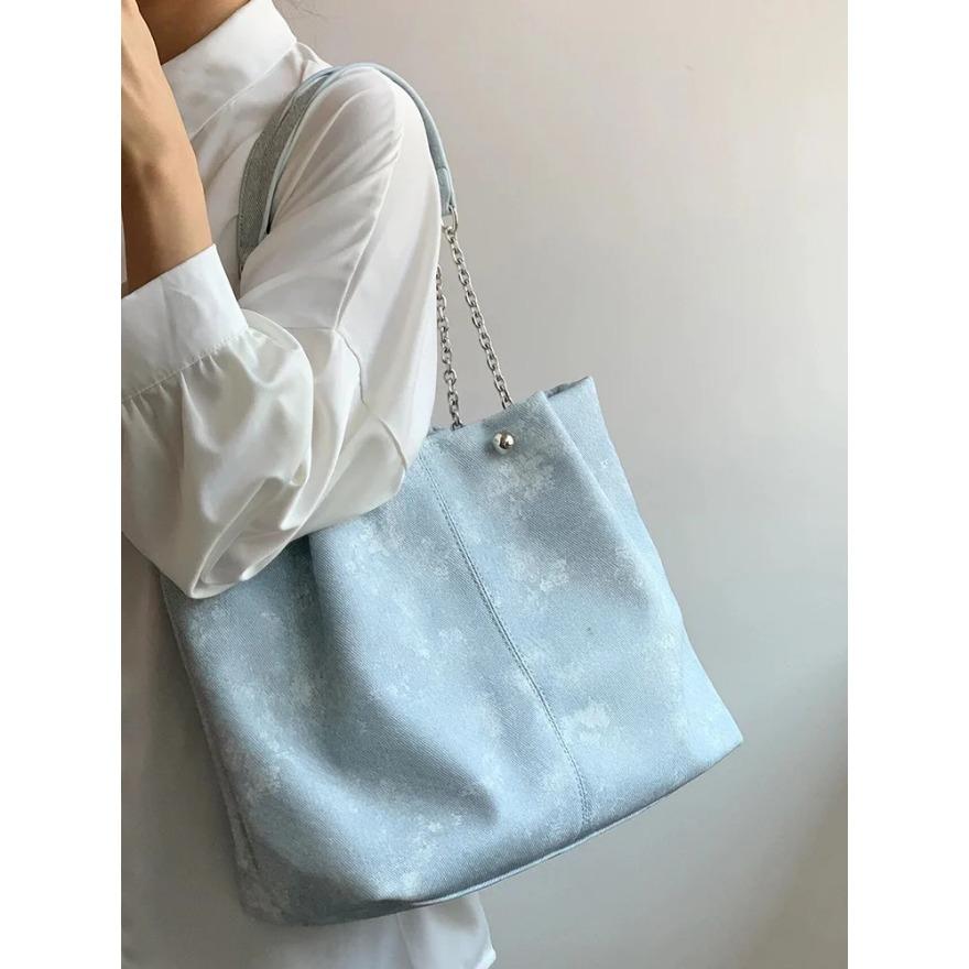 Casual Blue Leather Shoulder Bags Classic Large Capacity College Students Tote Bags High Quality Women's Handbags for Commuting
