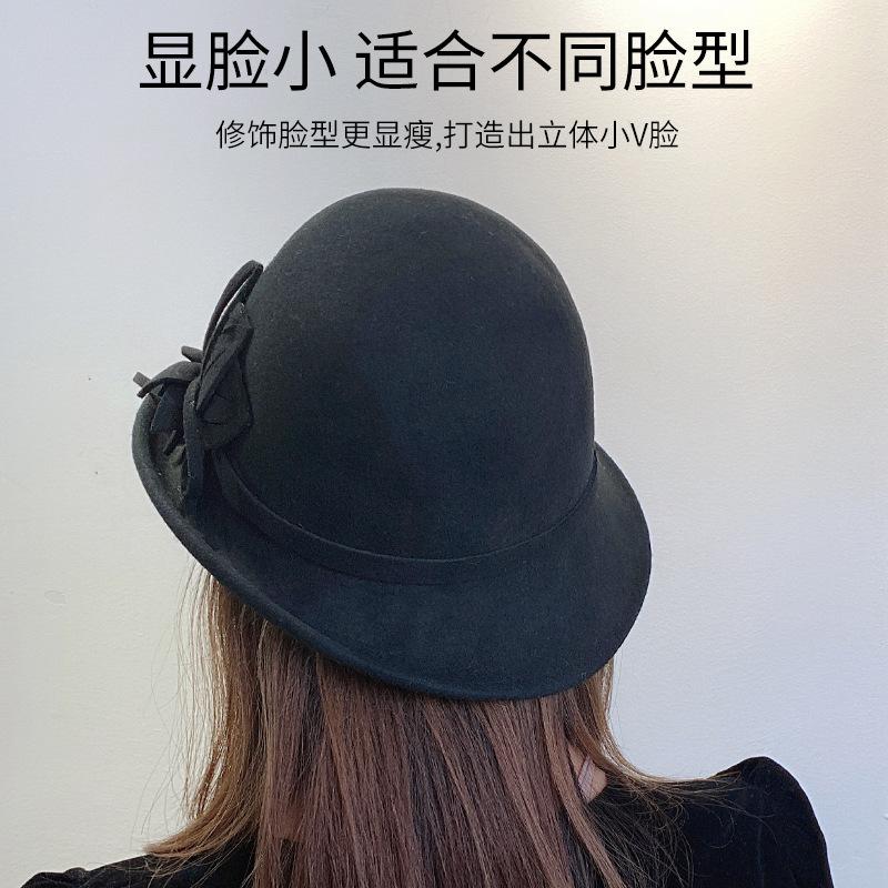 Autumn and winter upturned flower woolen hat lady elegant retro British style shopping hat wide-brimmed hat